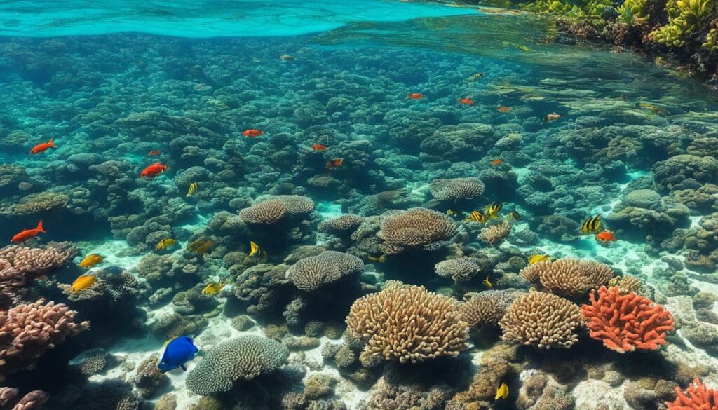 Sunlight filtering through crystal clear waters, revealing vibrant coral reefs teeming with colorful fish and sea creatures at Cahuita National Park.